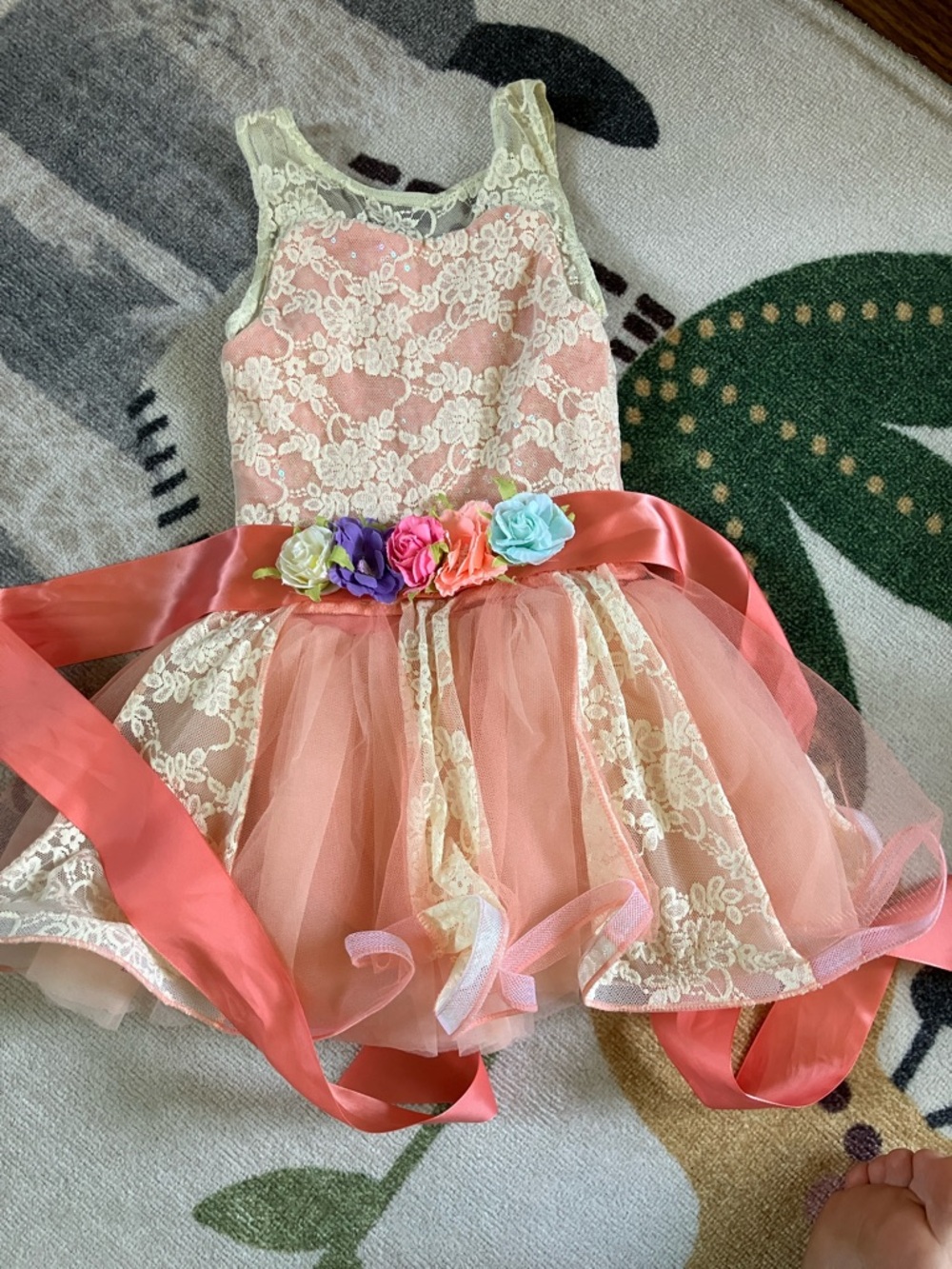 Weissman Pink and Cream Floral Lace Tulle Flower Sash Dress